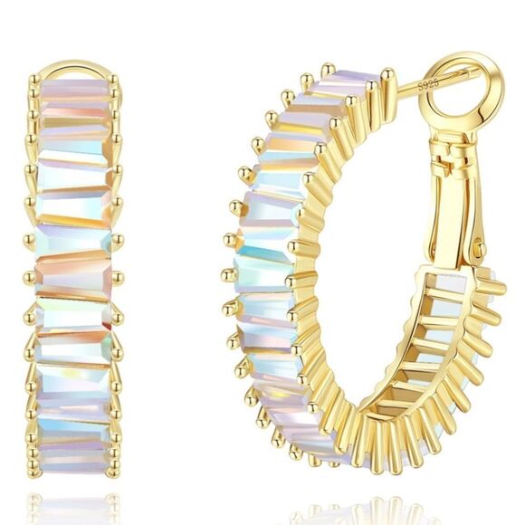 14K Yellow Gold with Iridescent AB Cubic Zirconia Drop Hoop Leverback Earrings - Picture 1 of 7